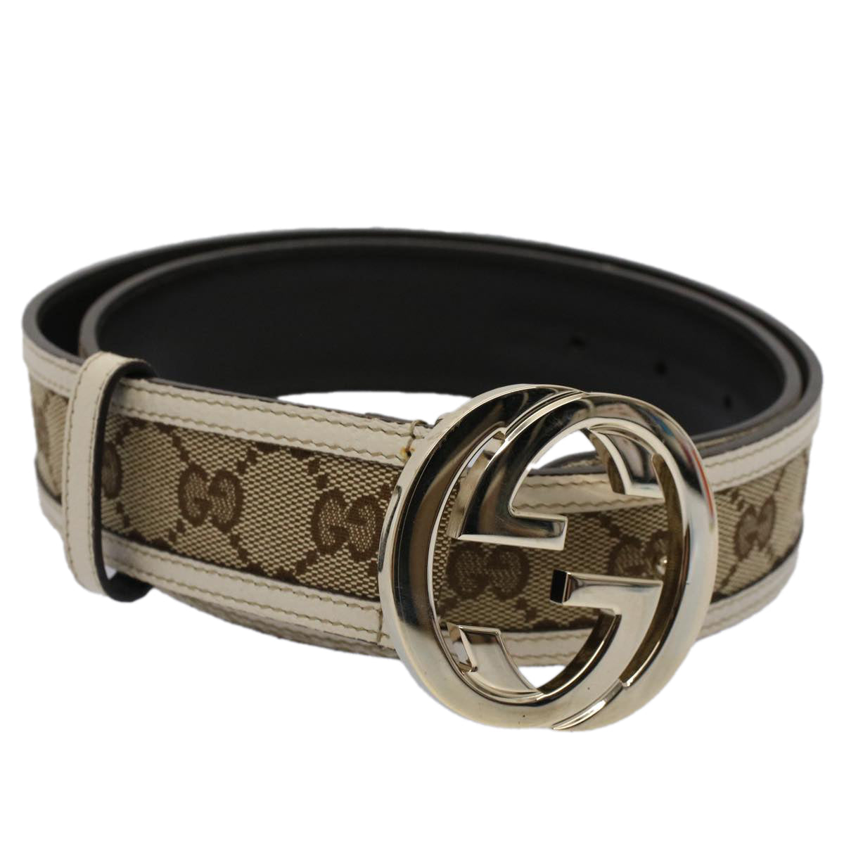 GUCCI GG Canvas Interlocking Belt 32.3""-34.3"" Beige White yk8338
