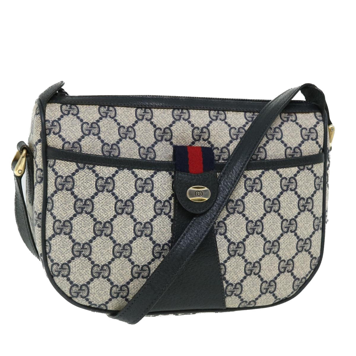GUCCI GG Canvas Sherry Line Shoulder Bag Gray Red Navy 89.02.032 yk8362