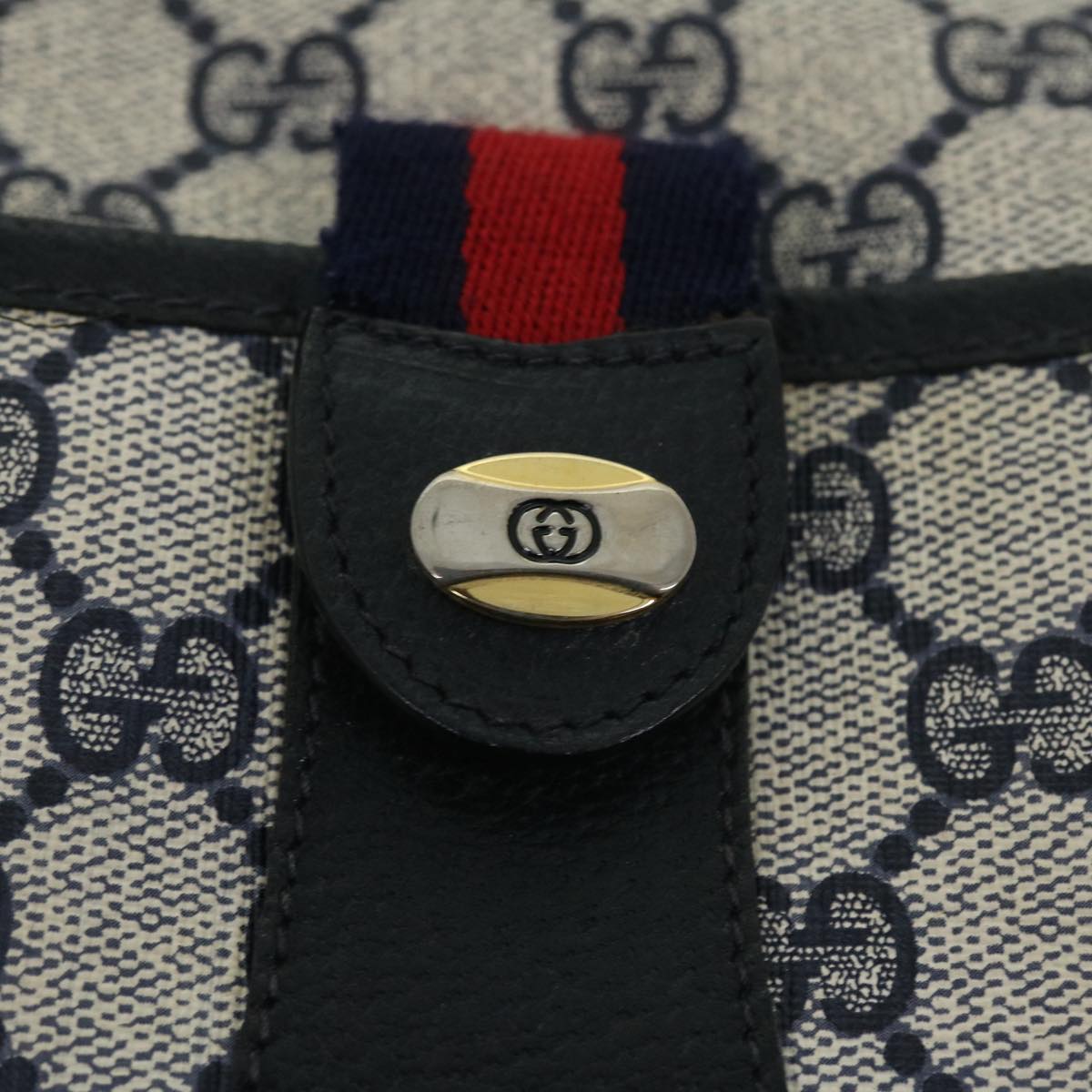 GUCCI GG Canvas Sherry Line Shoulder Bag Gray Red Navy 89.02.032 yk8362