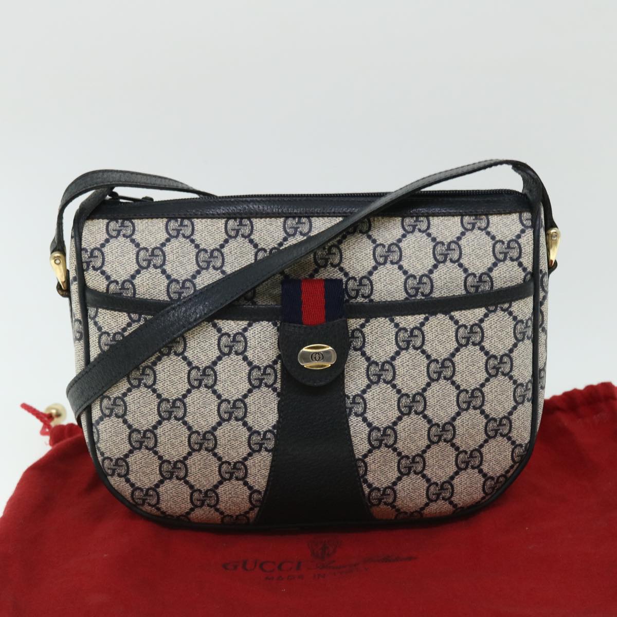 GUCCI GG Canvas Sherry Line Shoulder Bag Gray Red Navy 89.02.032 yk8362