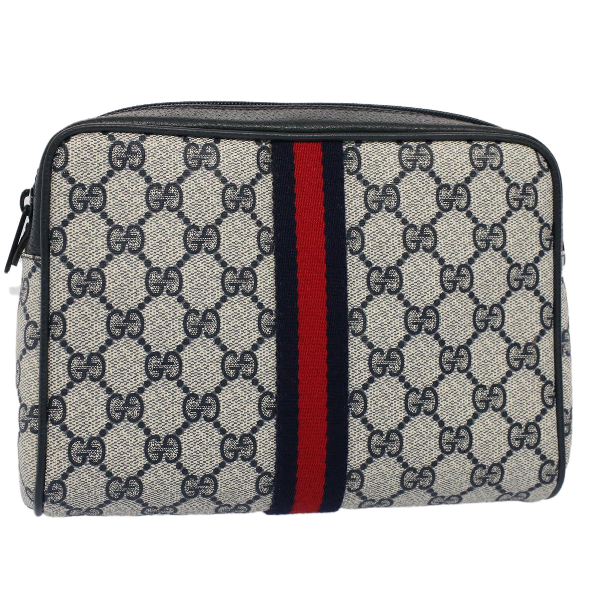 GUCCI GG Canvas Sherry Line Clutch Bag Gray Red Navy 010.378... yk8375B