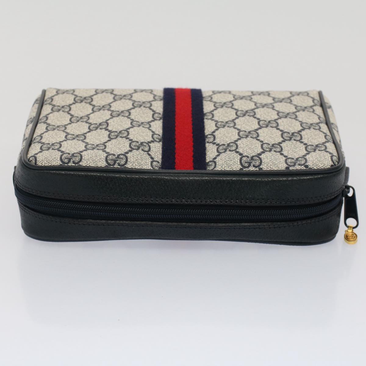 GUCCI GG Canvas Sherry Line Clutch Bag Gray Red Navy 010.378... yk8375B