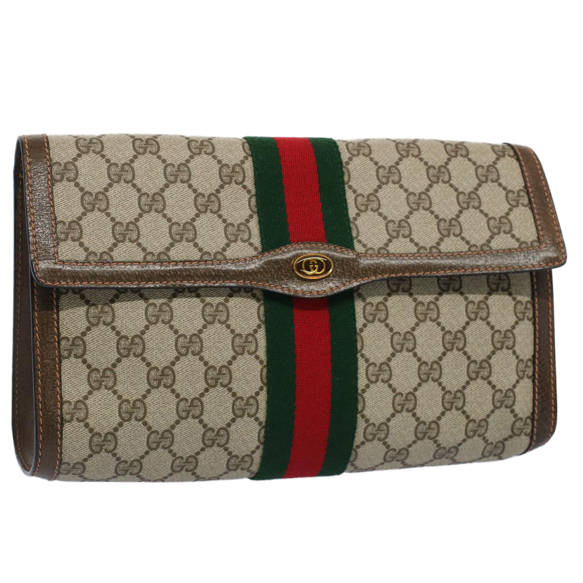 GUCCI GG Canvas Web Sherry Line Clutch Bag Beige Red 89.01.007 yk8389B