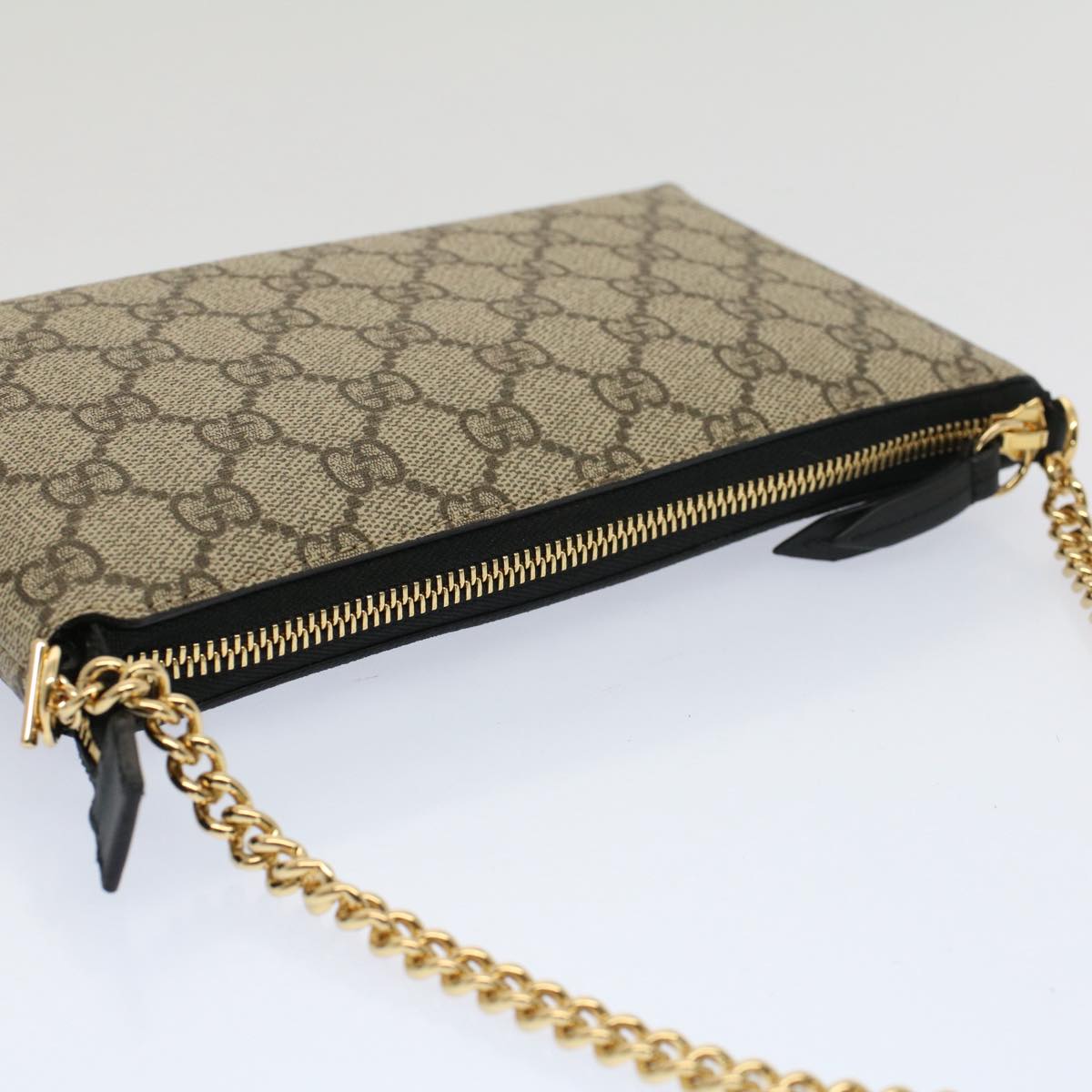 GUCCI GG Canvas Chain Accessory Pouch PVC Leather Beige 428449 yk8408