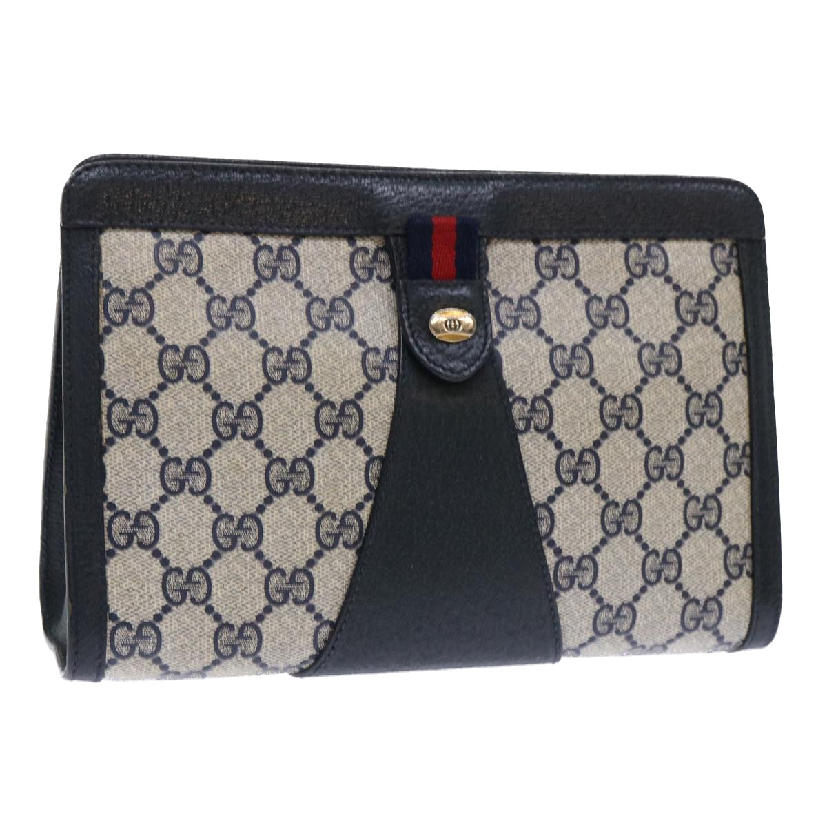 GUCCI GG Canvas Sherry Line Clutch Bag Gray Red Navy 89 01 032 yk8409