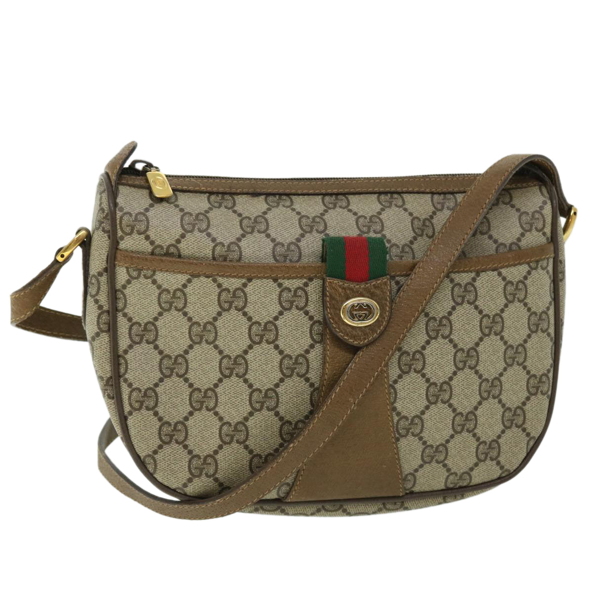 GUCCI GG Canvas Web Sherry Line Shoulder Bag PVC Leather Beige Green yk8413