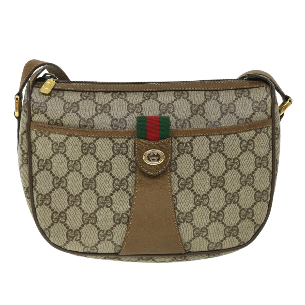 GUCCI GG Canvas Web Sherry Line Shoulder Bag PVC Leather Beige Green yk8413