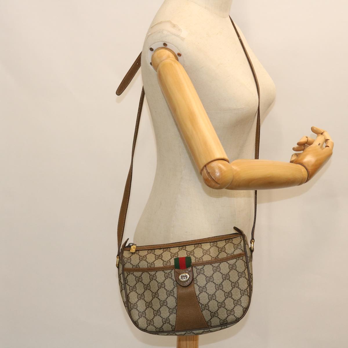 GUCCI GG Canvas Web Sherry Line Shoulder Bag PVC Leather Beige Green yk8413