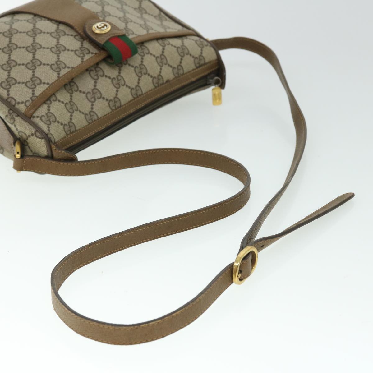 GUCCI GG Canvas Web Sherry Line Shoulder Bag PVC Leather Beige Green yk8413