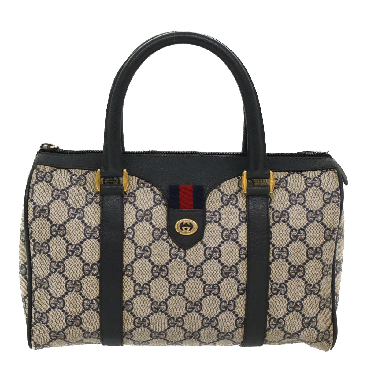 GUCCI GG Canvas Sherry Line Boston Bag PVC Leather Gray Red Navy yk8433