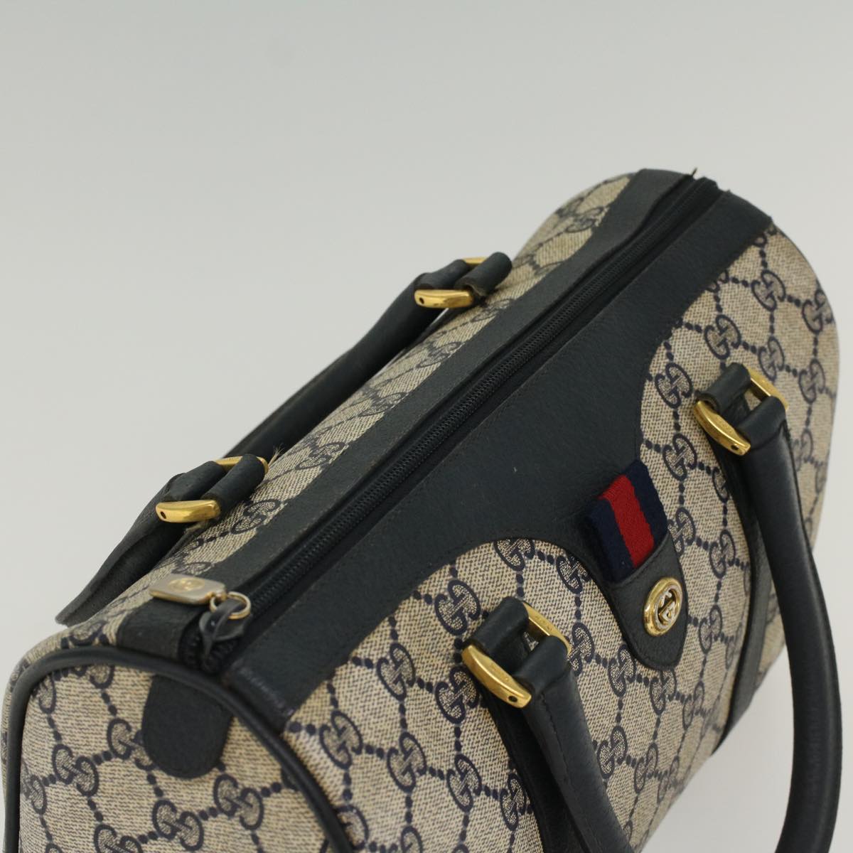 GUCCI GG Canvas Sherry Line Boston Bag PVC Leather Gray Red Navy yk8433