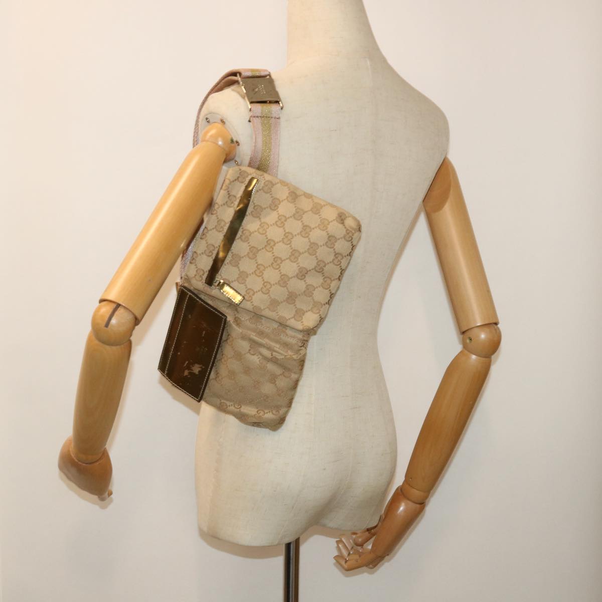 GUCCI GG Canvas Sherry Line Waist bag Beige Gold pink 28566 yk8454