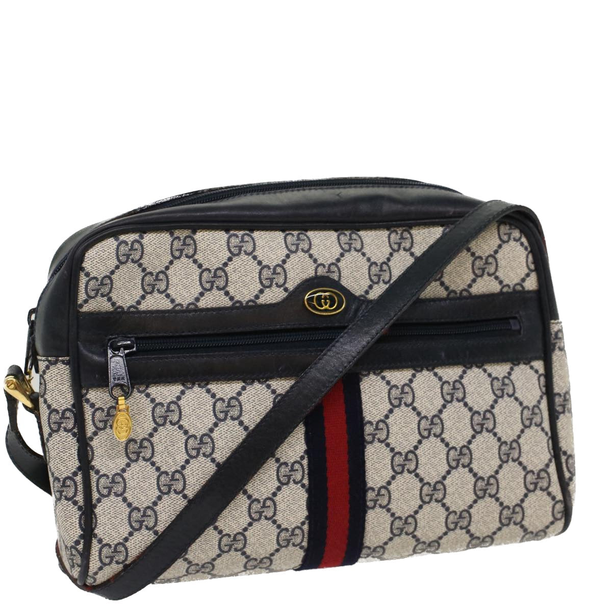 GUCCI GG Canvas Sherry Line Shoulder Bag Gray Red Navy 010.378 yk8467