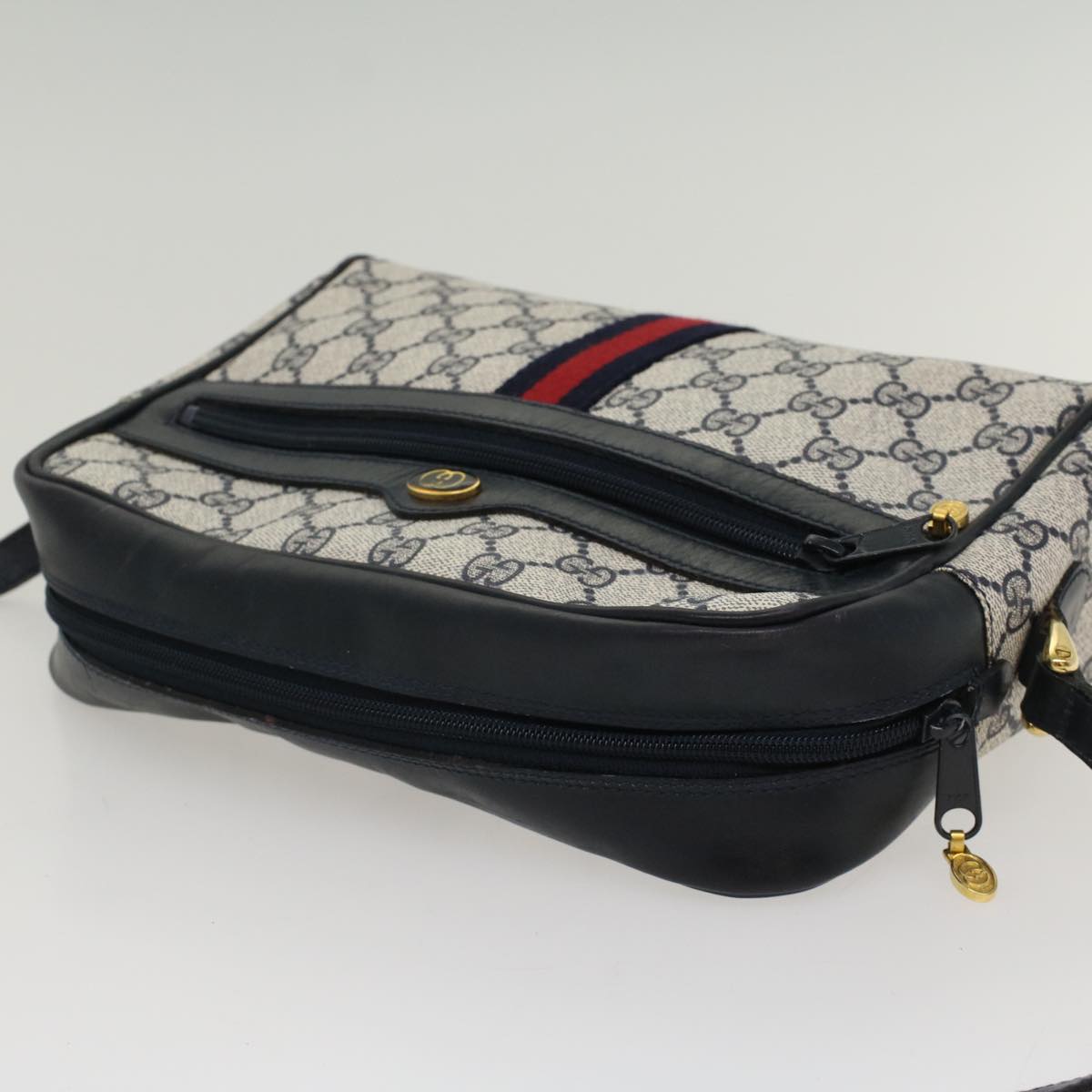 GUCCI GG Canvas Sherry Line Shoulder Bag Gray Red Navy 010.378 yk8467