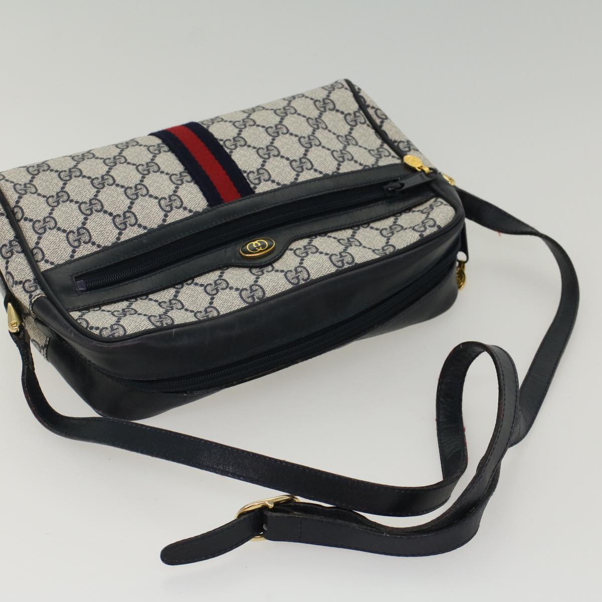 GUCCI GG Canvas Sherry Line Shoulder Bag Gray Red Navy 010.378 yk8467