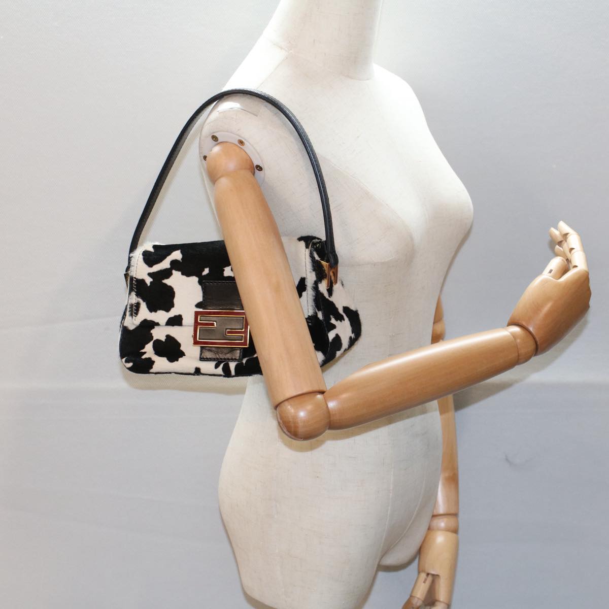FENDI Cow Pattern Mini Mamma Baguette Bag Harako leather Black White yk8500