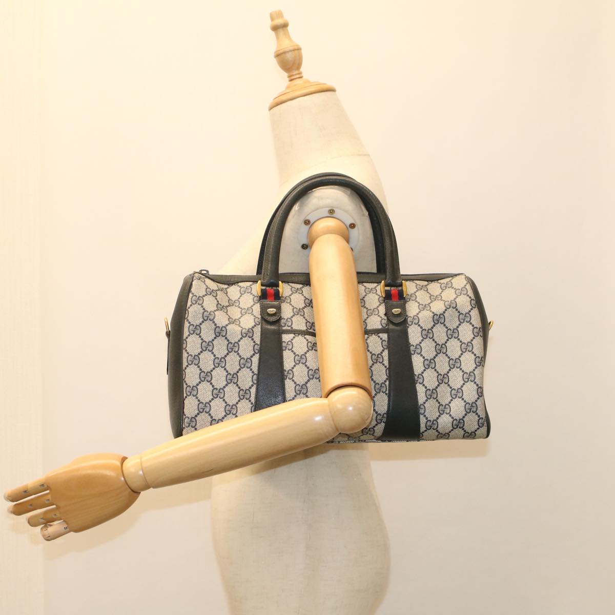 GUCCI GG Canvas Sherry Line Boston Bag PVC Leather Gray Red Navy yk8527