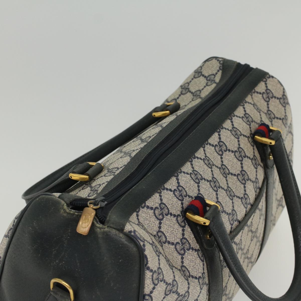 GUCCI GG Canvas Sherry Line Boston Bag PVC Leather Gray Red Navy yk8527