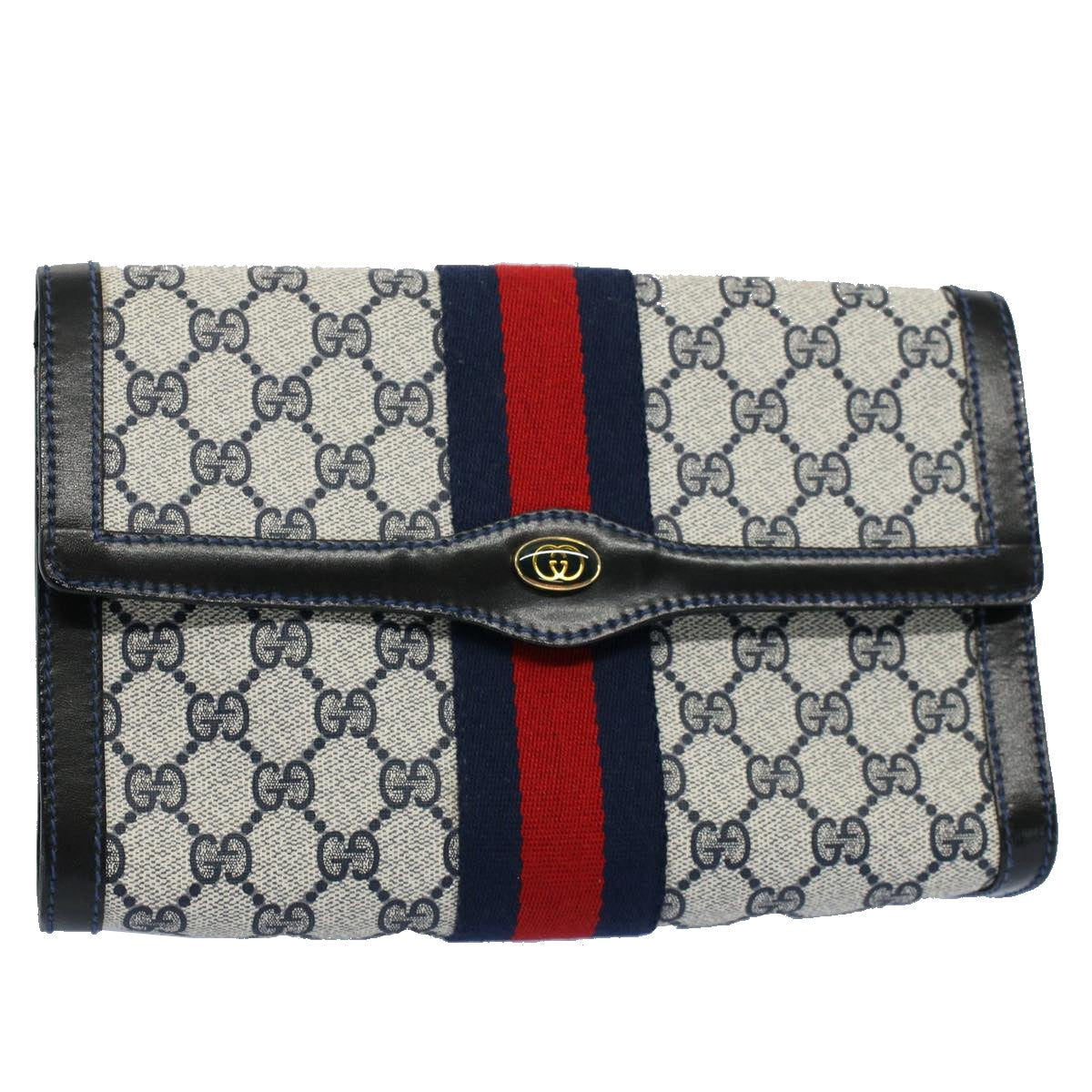 GUCCI GG Canvas Sherry Line Clutch Bag Red Navy gray 67.014.3087 yk8536