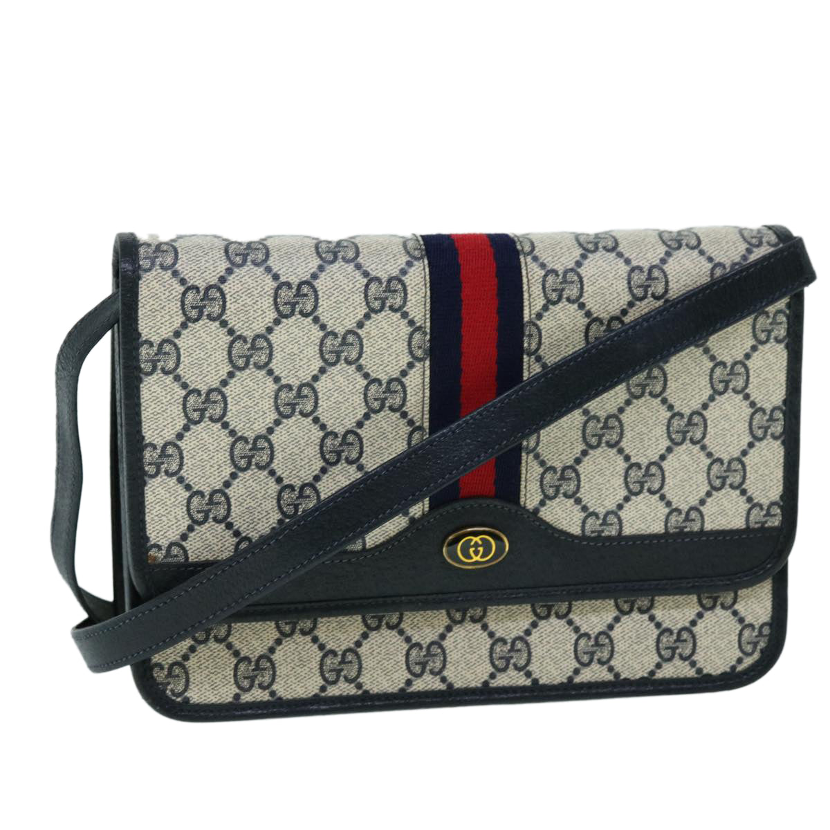 GUCCI GG Canvas Sherry Line Shoulder Bag PVC Leather Gray Red Navy yk8588