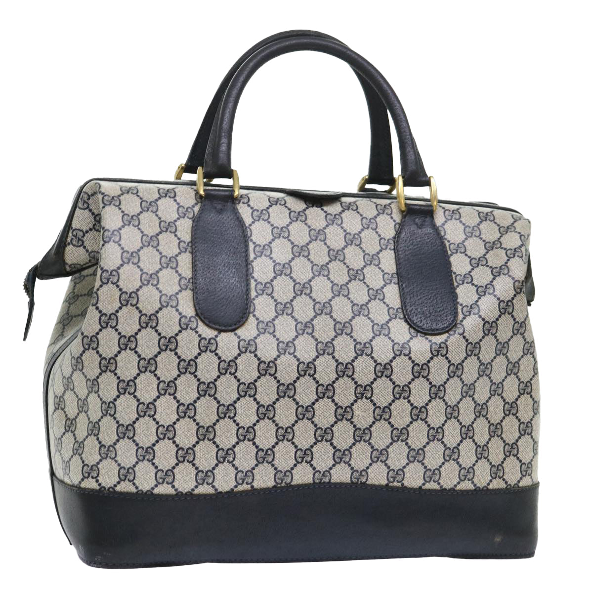 GUCCI GG Canvas Boston Bag PVC Leather Navy Gray yk8616