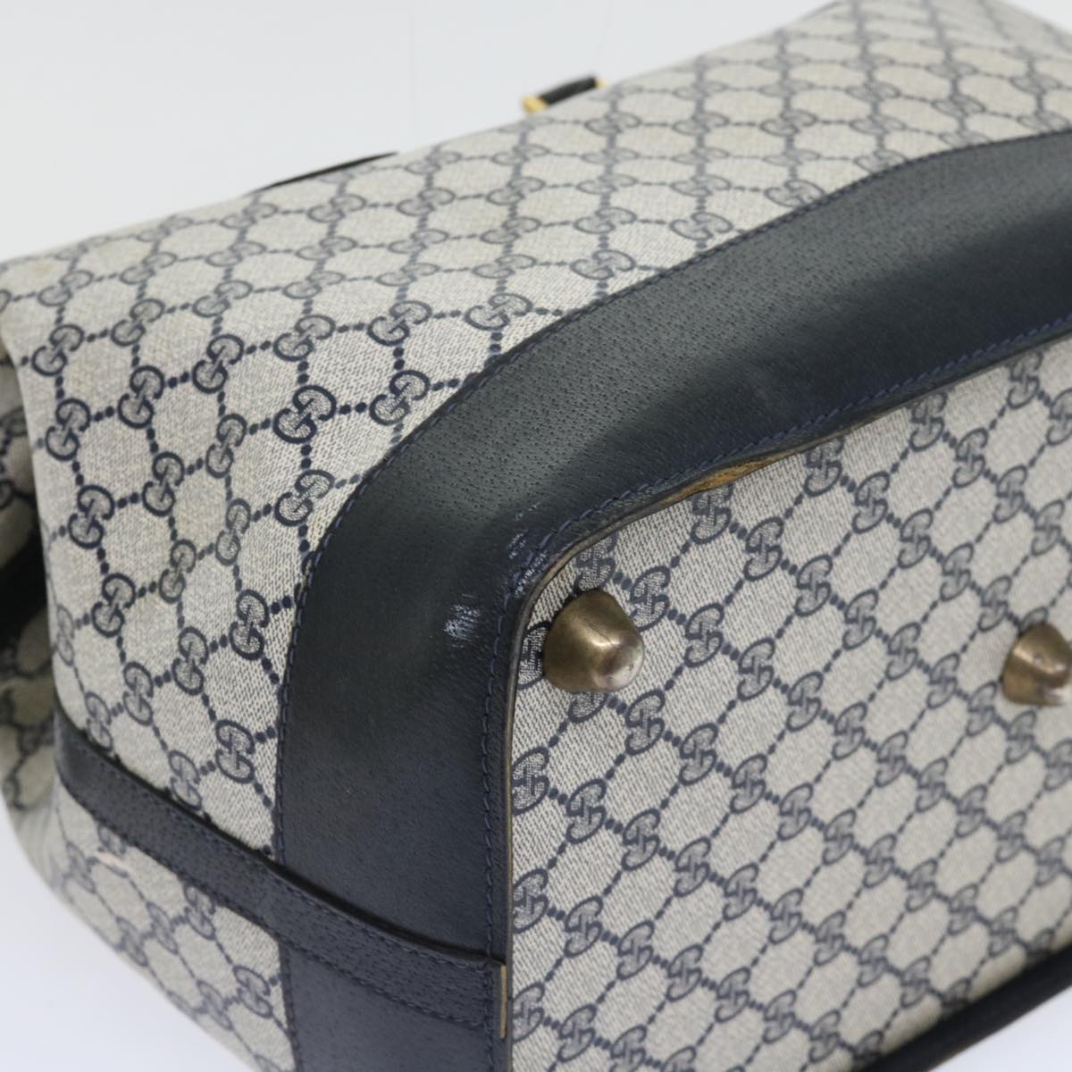 GUCCI GG Canvas Boston Bag PVC Leather Navy Gray yk8616