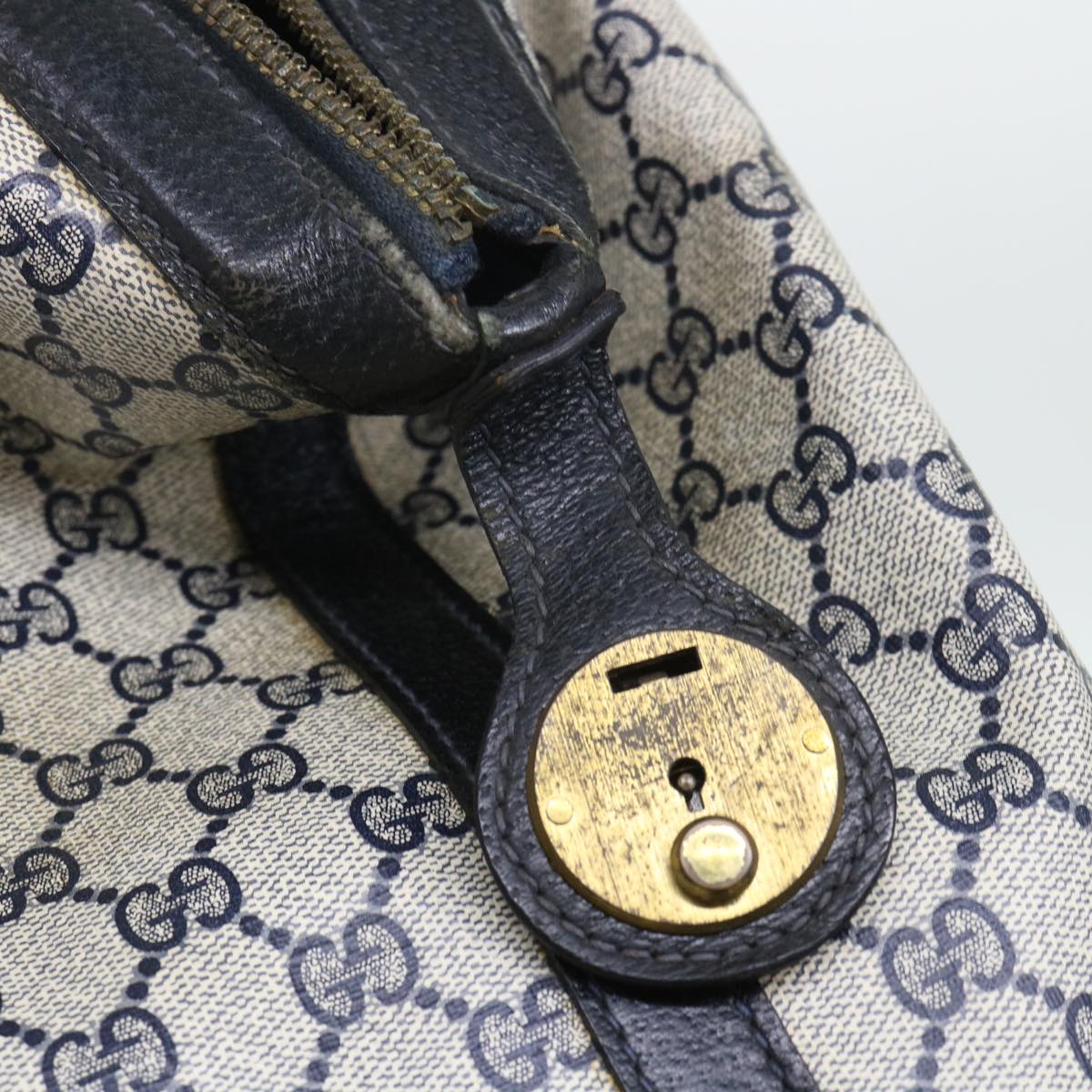 GUCCI GG Canvas Boston Bag PVC Leather Navy Gray yk8616