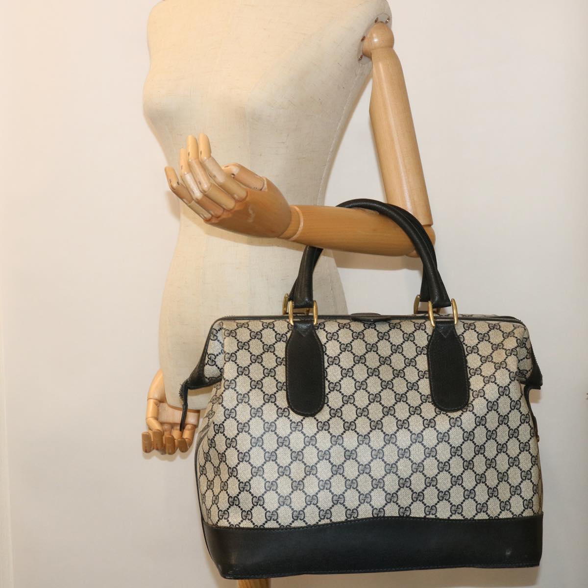 GUCCI GG Canvas Boston Bag PVC Leather Navy Gray yk8616