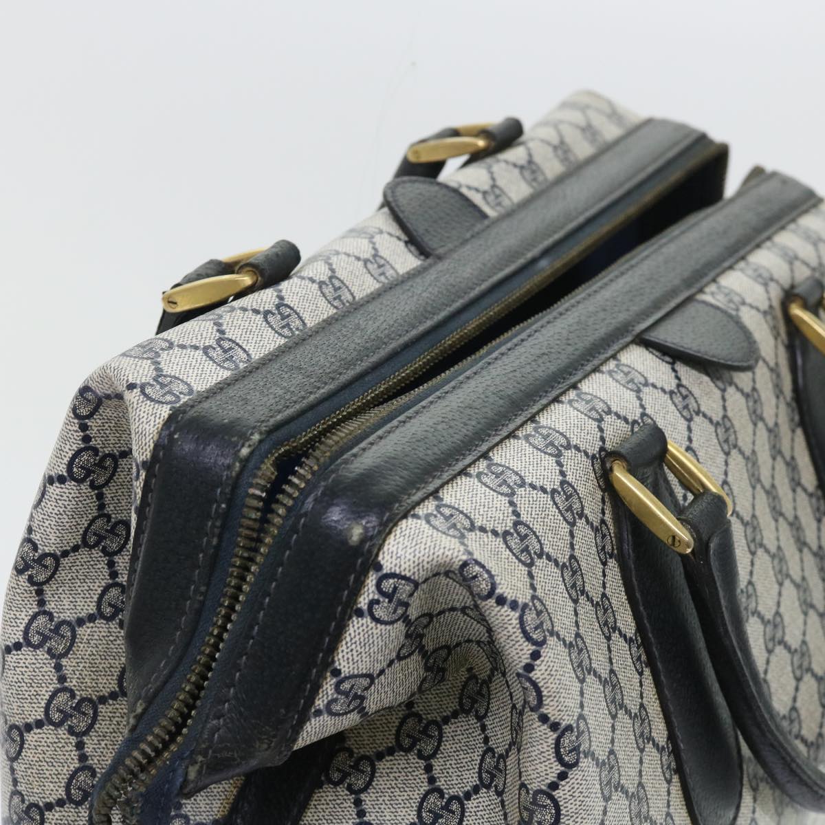 GUCCI GG Canvas Boston Bag PVC Leather Navy Gray yk8616