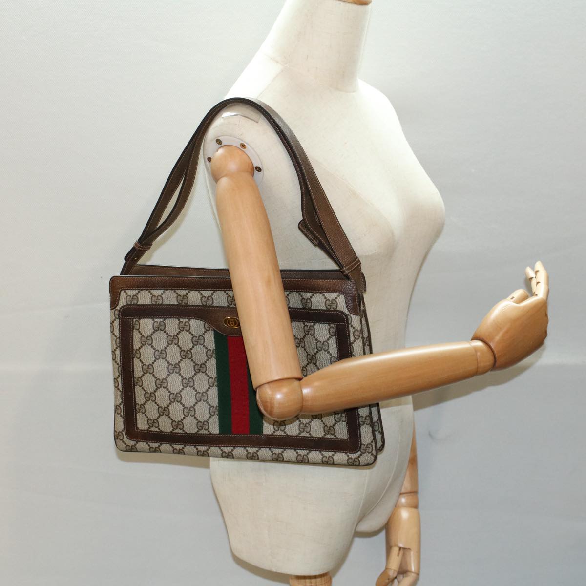 GUCCI GG Canvas Web Sherry Line Shoulder Bag PVC Leather Beige Red yk8640