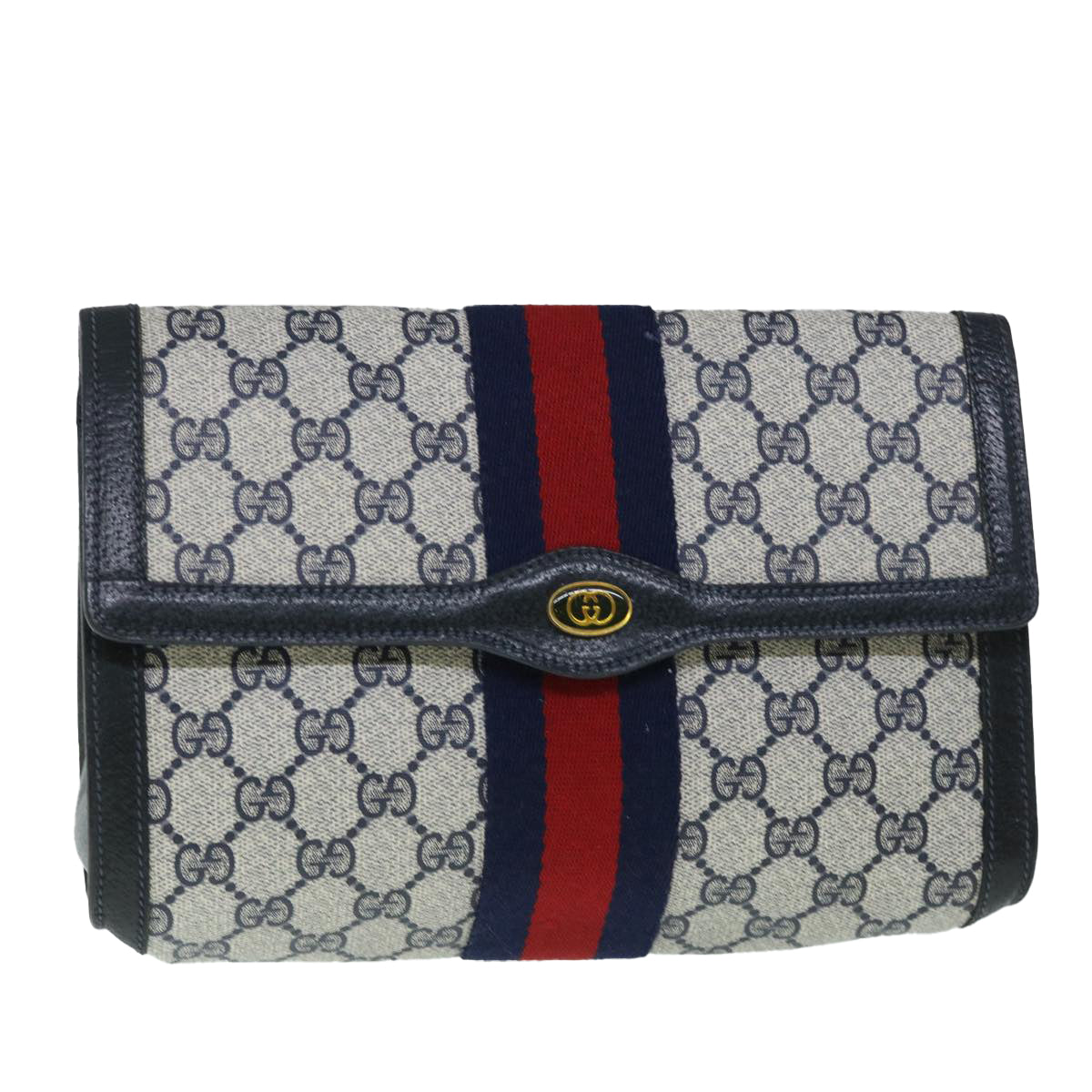 GUCCI GG Canvas Sherry Line Clutch Bag Gray Red Navy 89 01 006 yk8671