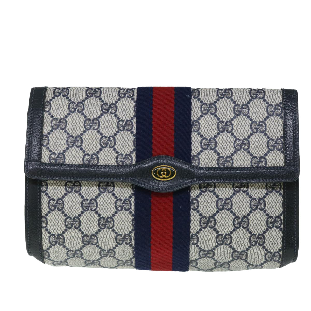 GUCCI GG Canvas Sherry Line Clutch Bag Gray Red Navy 89 01 006 yk8671