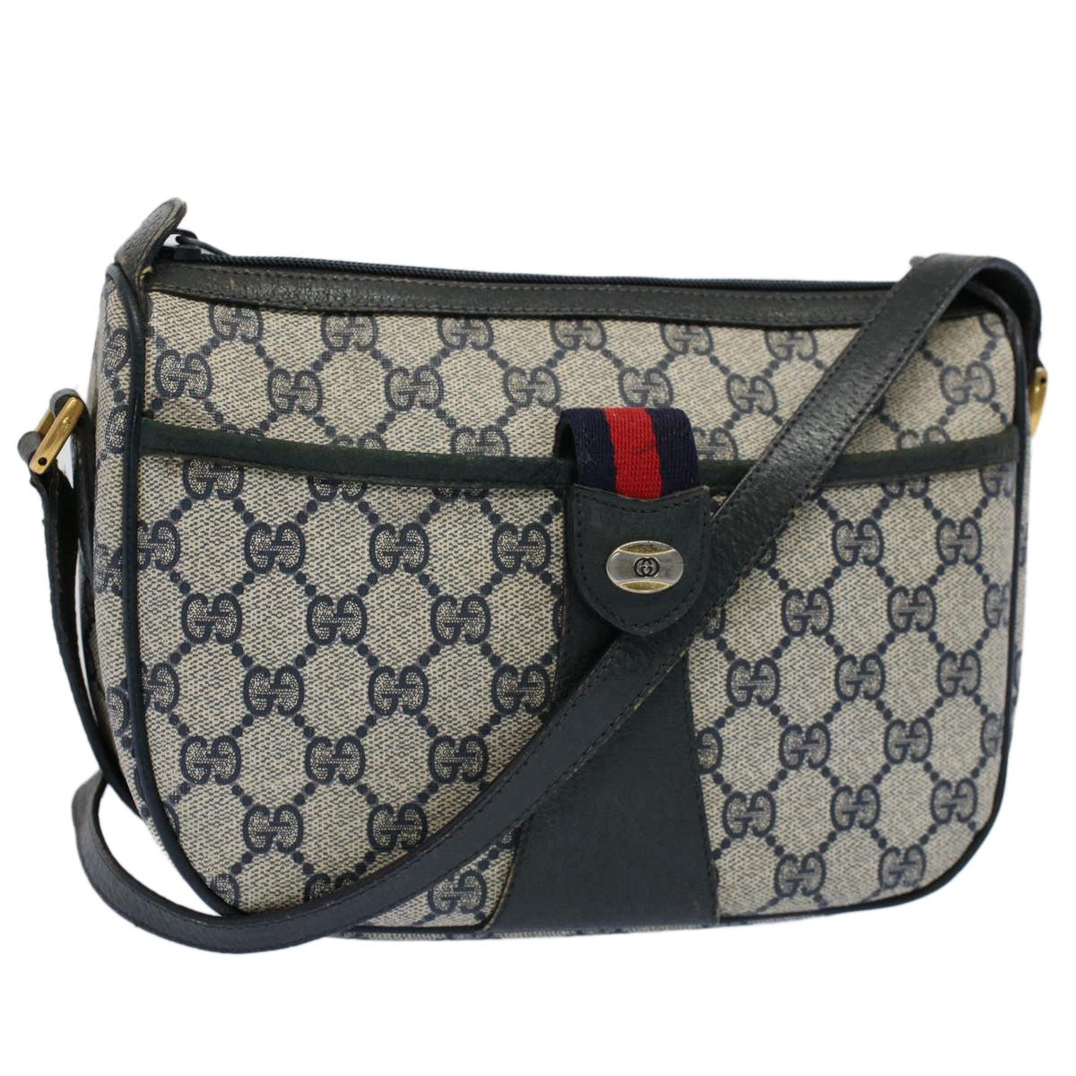 GUCCI GG Canvas Sherry Line Shoulder Bag Gray Red Navy 89 02 032 yk8710