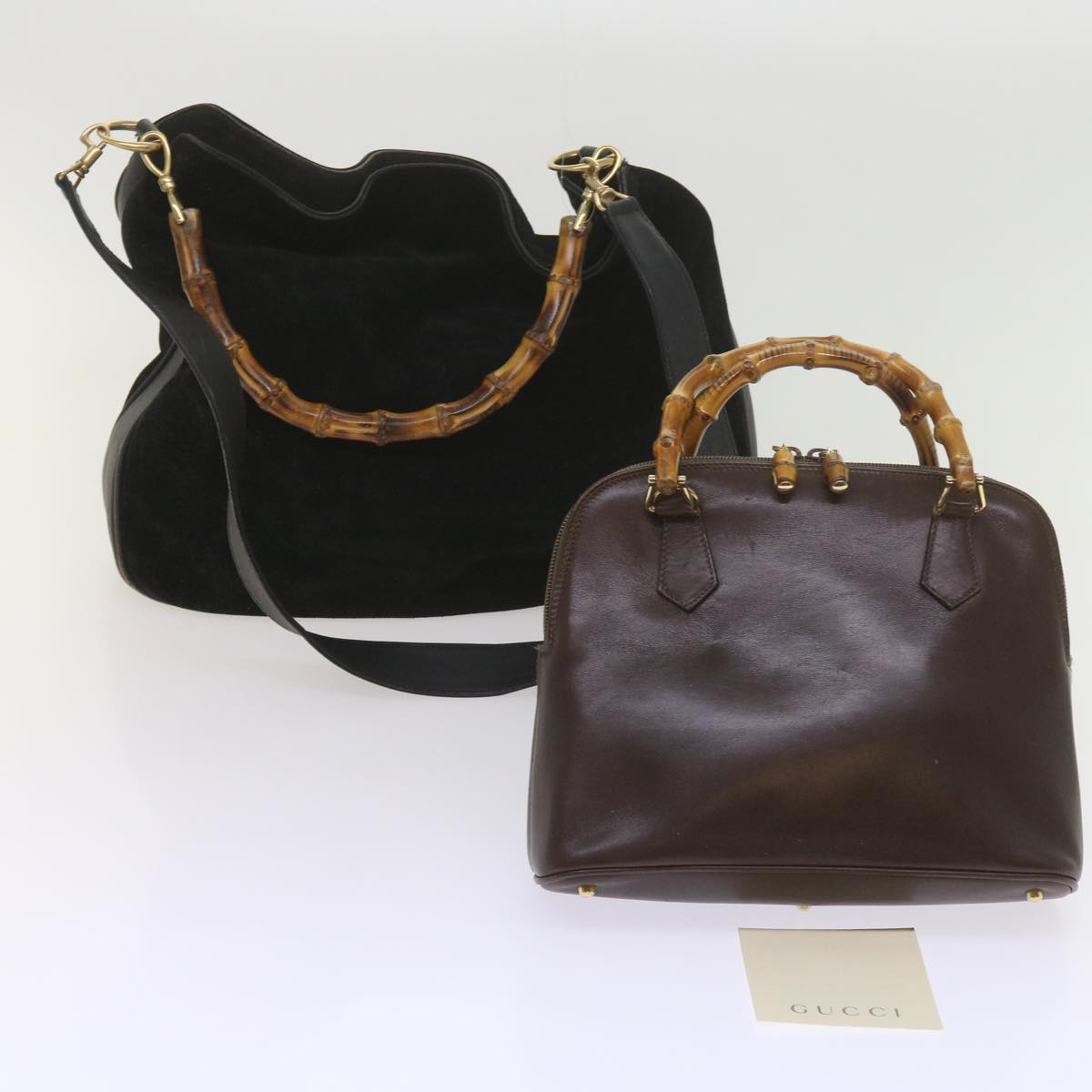 GUCCI Bamboo Shoulder Bag Leather Suede 2Set Black Brown yk9747