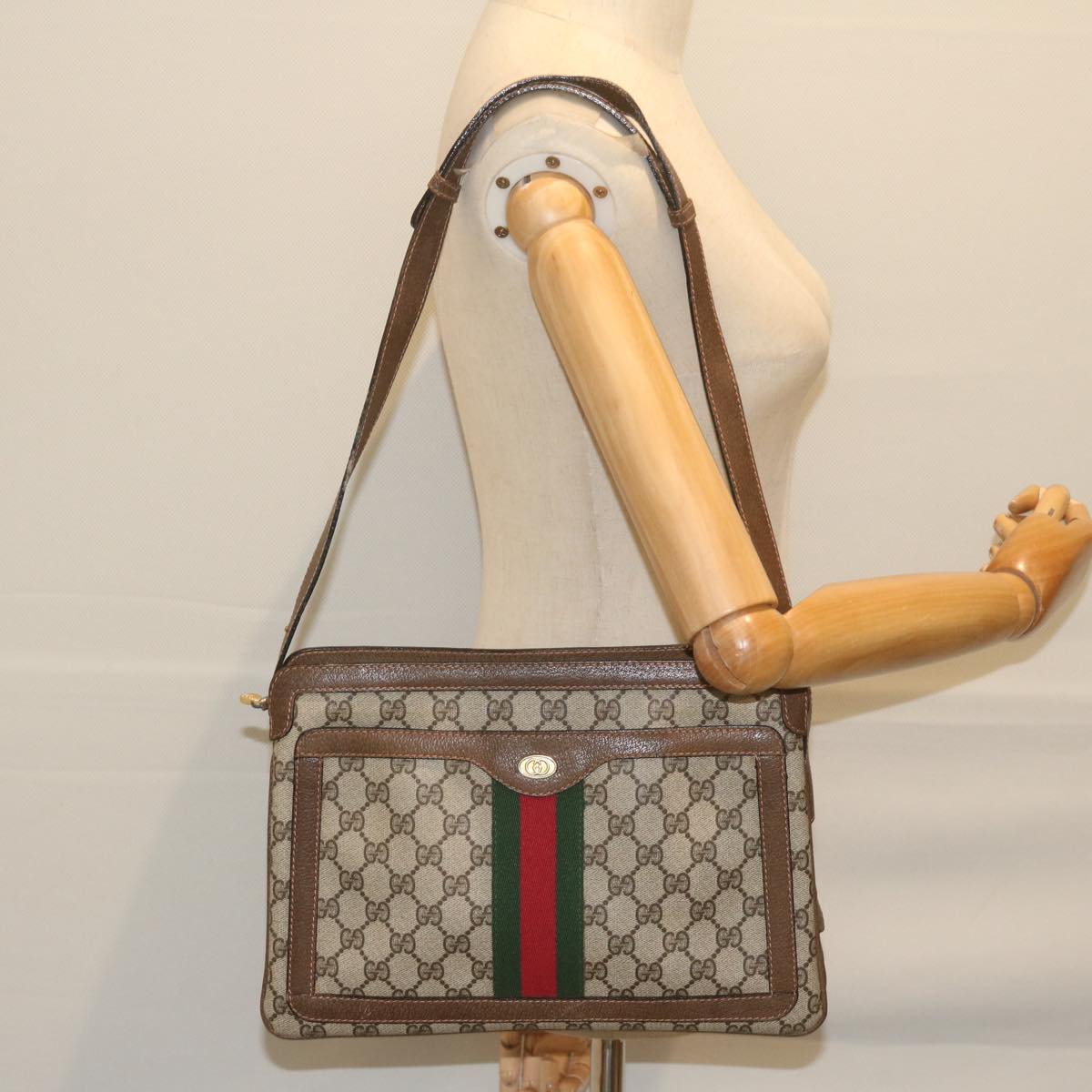 GUCCI GG Supreme Web Sherry Line Shoulder Bag Beige Red 010 378 yk9916