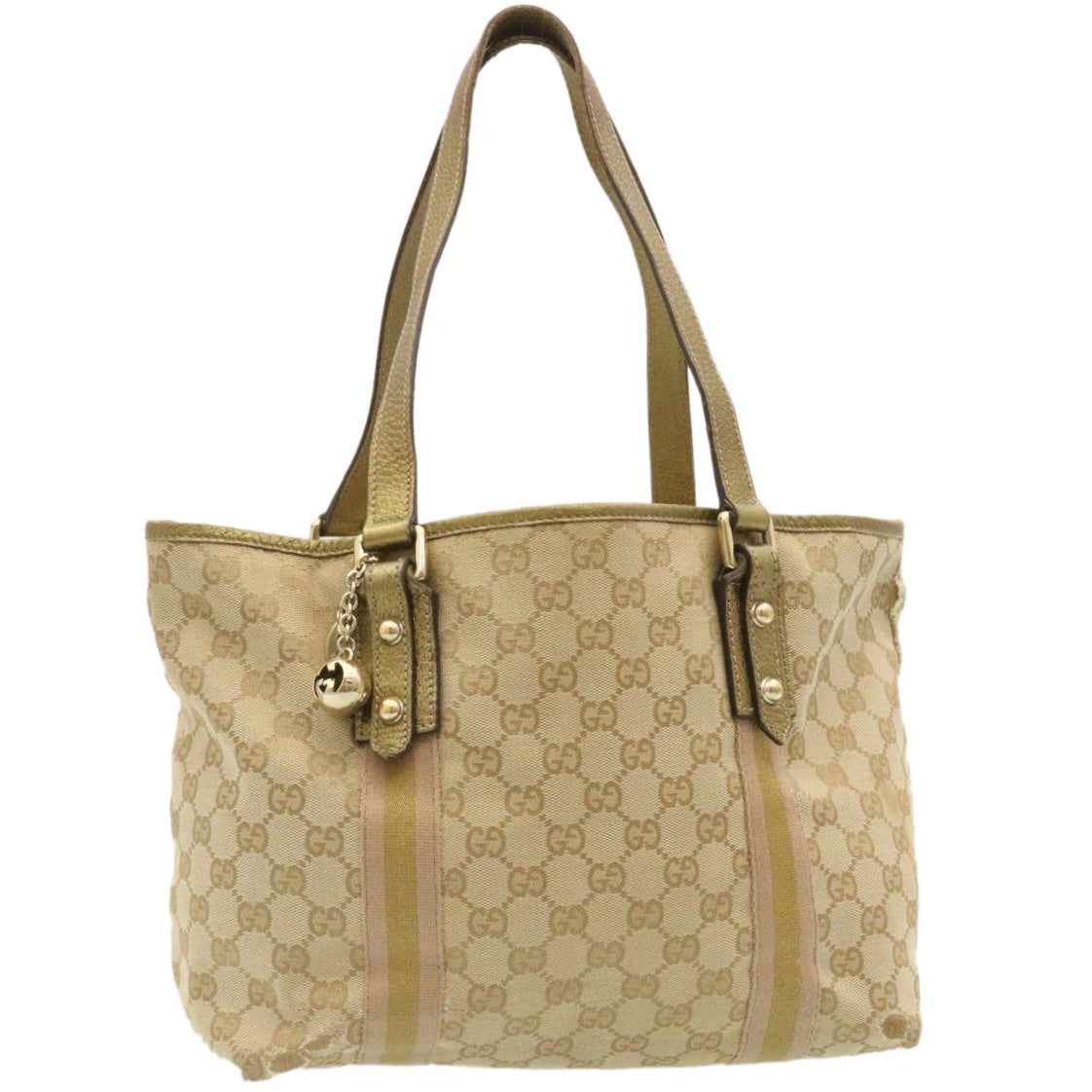 GUCCI Web Sherry Line GG Canvas Tote Bag Beige Pink gold yt703