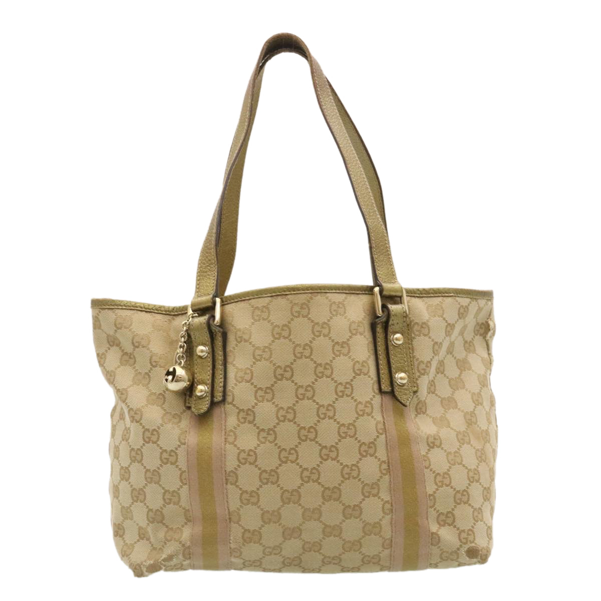 GUCCI Web Sherry Line GG Canvas Tote Bag Beige Pink gold yt703